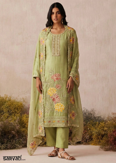 Light Green Shimmer Silk Floral Embroidered Trouser Suit