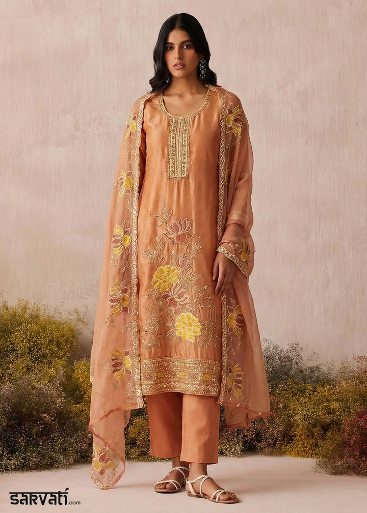 Apricot orange Shimmer Silk Floral Embroidered Trouser Suit