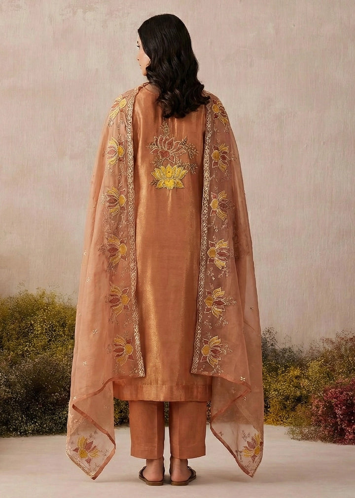 Apricot orange Shimmer Silk Floral Embroidered Trouser Suit