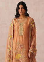 Apricot orange Shimmer Silk Floral Embroidered Trouser Suit