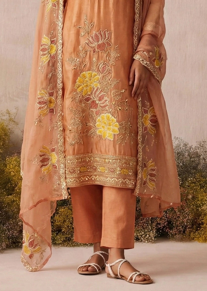 Apricot orange Shimmer Silk Floral Embroidered Trouser Suit