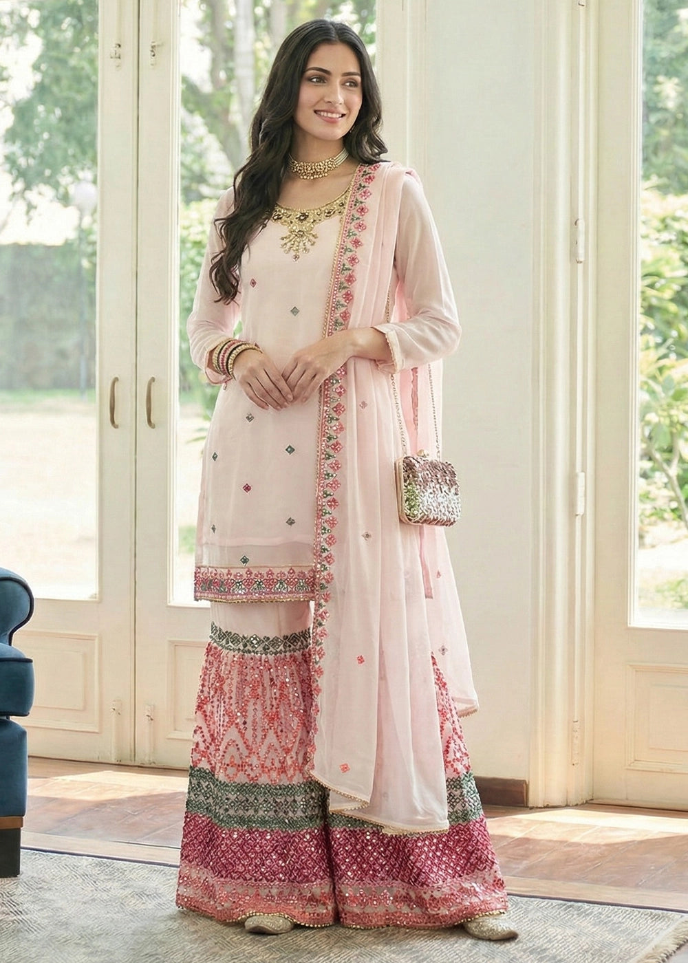 Lace Pink Georgette Palazzo Suit with Thread & Sequin Work