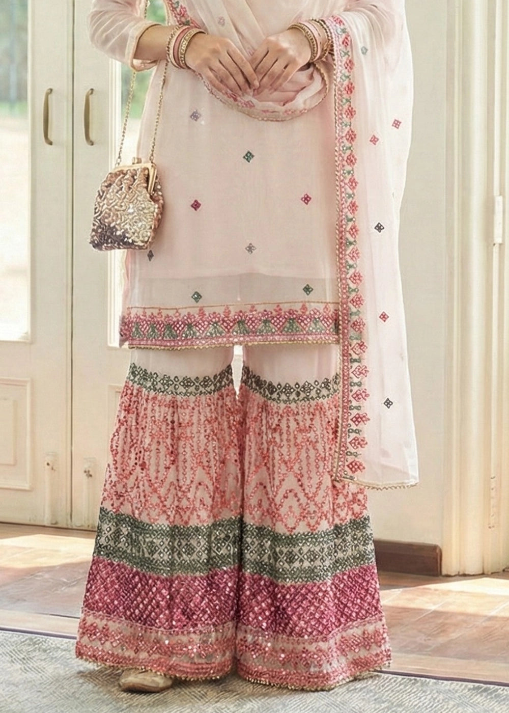 Lace Pink Georgette Palazzo Suit with Thread & Sequin Work