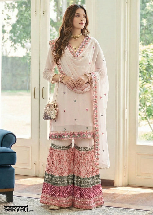 Lace Pink Georgette Palazzo Suit with Thread & Sequin Work