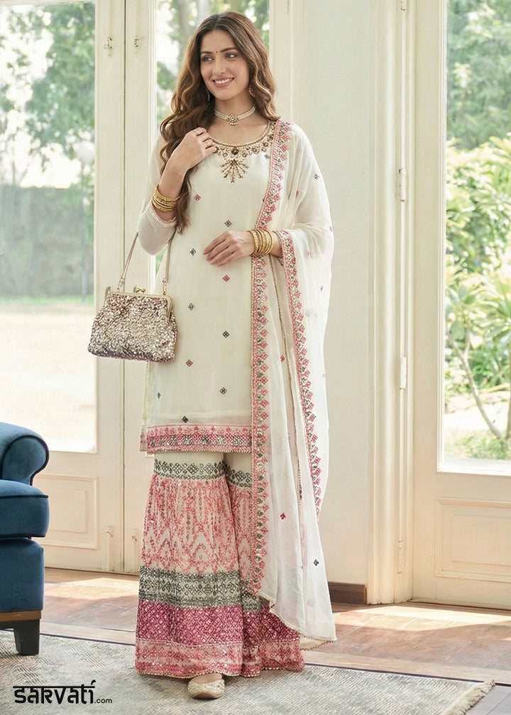 Cream White Georgette Palazzo Suit with Thread & Sequin Work