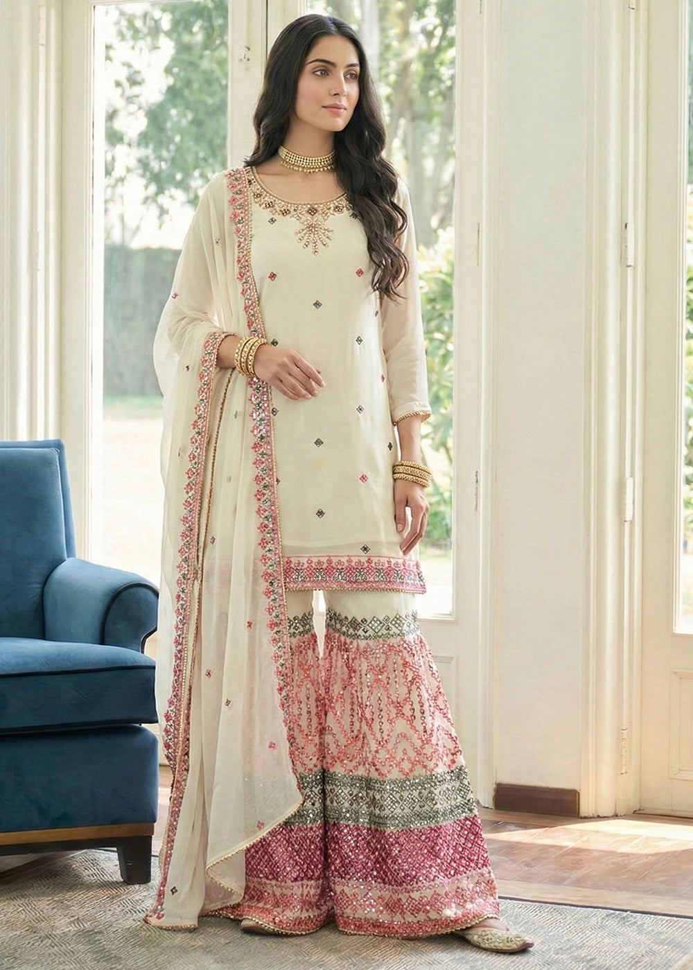 Cream White Georgette Palazzo Suit with Thread & Sequin Work