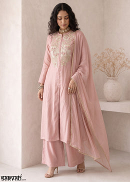 Peach Pink Silk A-Line Suit with Handcrafted Designer Embroidery