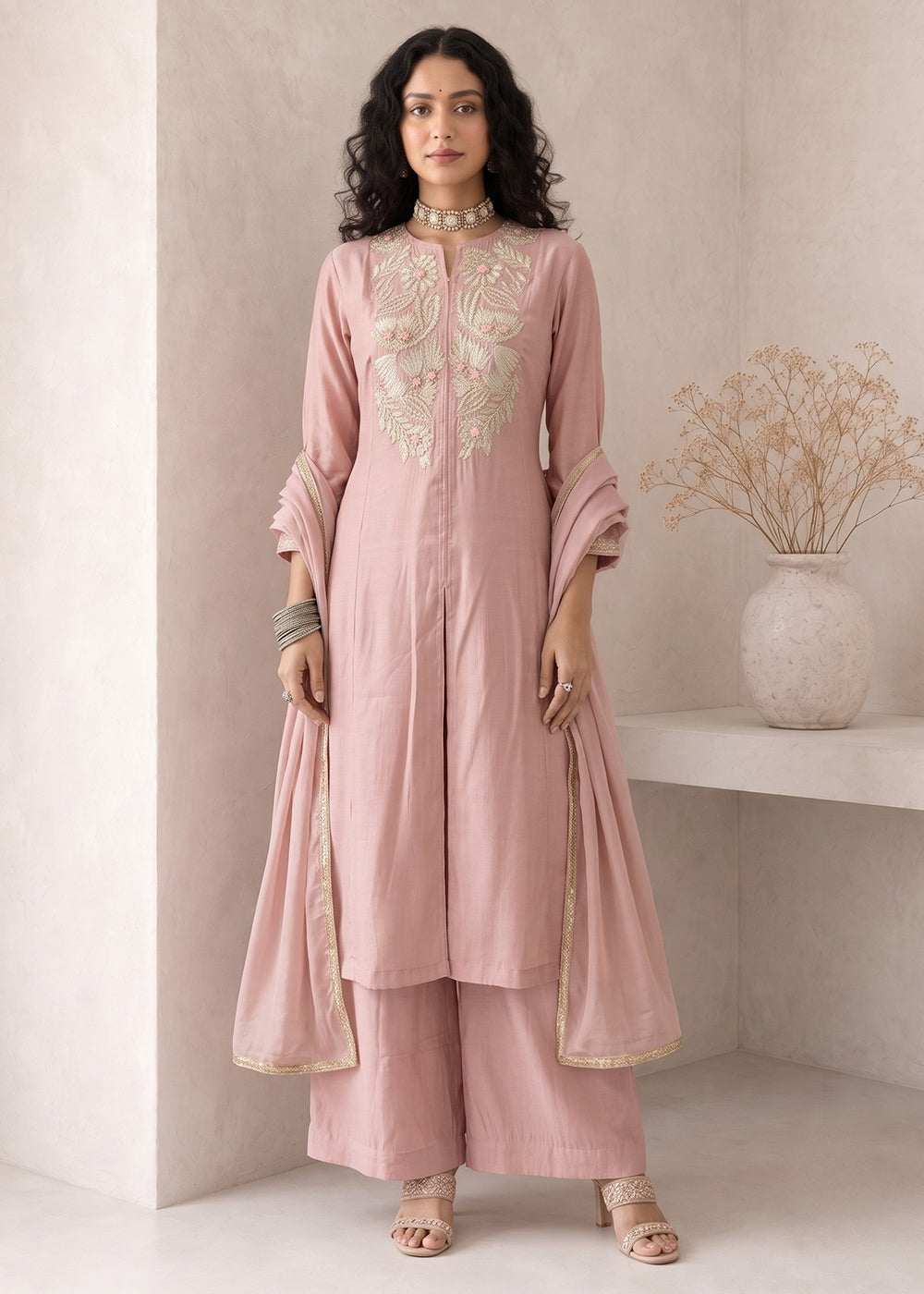 Peach Pink Silk A-Line Suit with Handcrafted Designer Embroidery