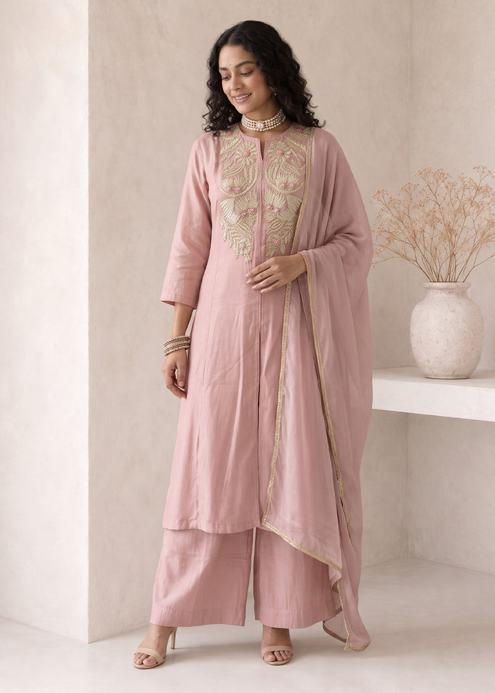 Peach Pink Silk A-Line Suit with Handcrafted Designer Embroidery