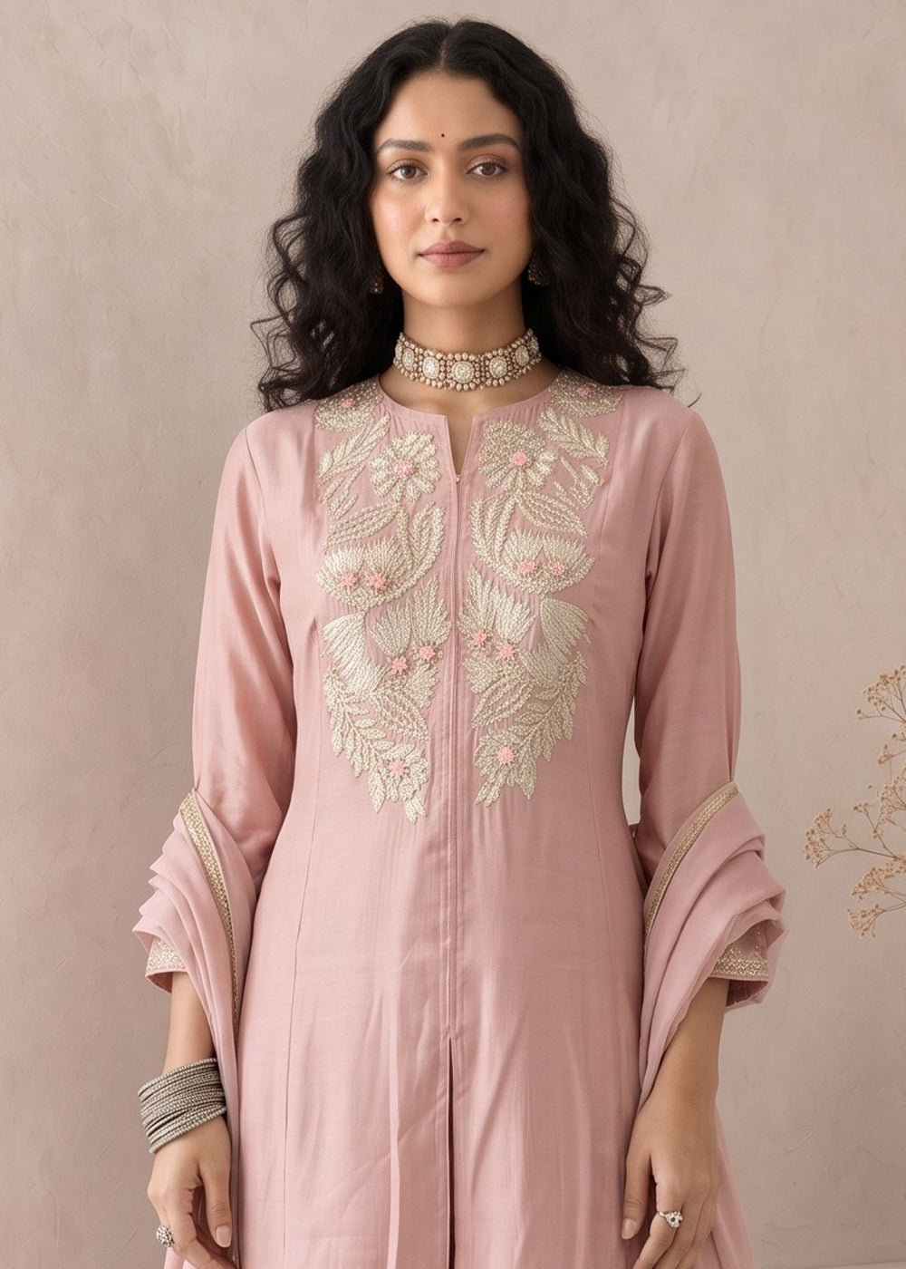 Peach Pink Silk A-Line Suit with Handcrafted Designer Embroidery