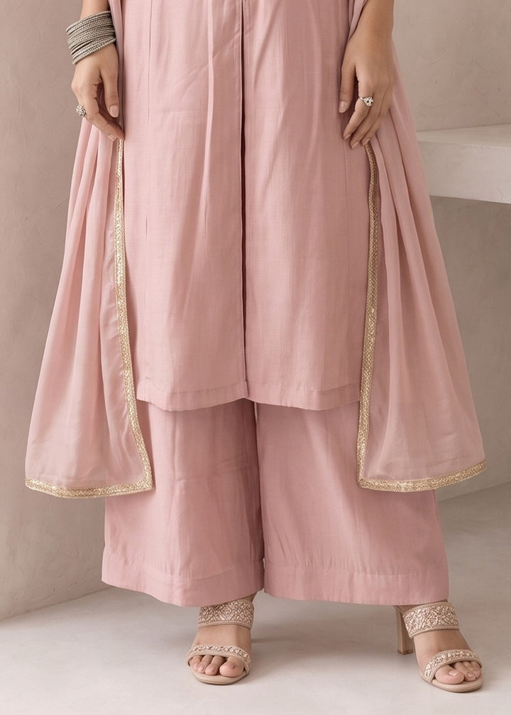 Peach Pink Silk A-Line Suit with Handcrafted Designer Embroidery