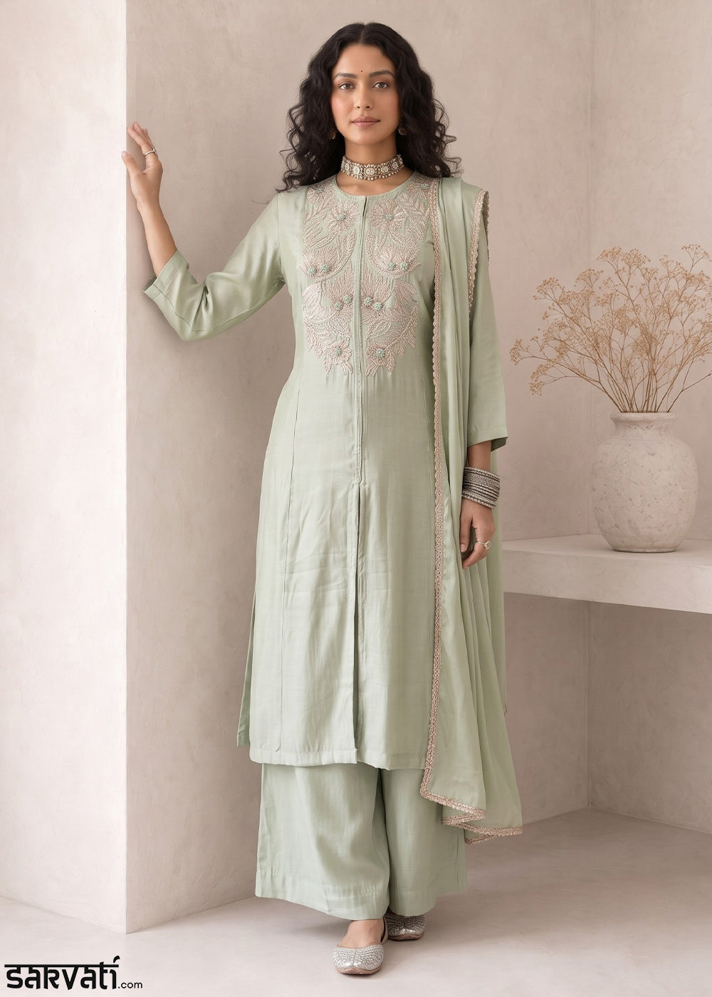Light Green Silk A-Line Suit with Handcrafted Designer Embroidery