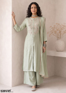 Light Green Silk A-Line Suit with Handcrafted Designer Embroidery