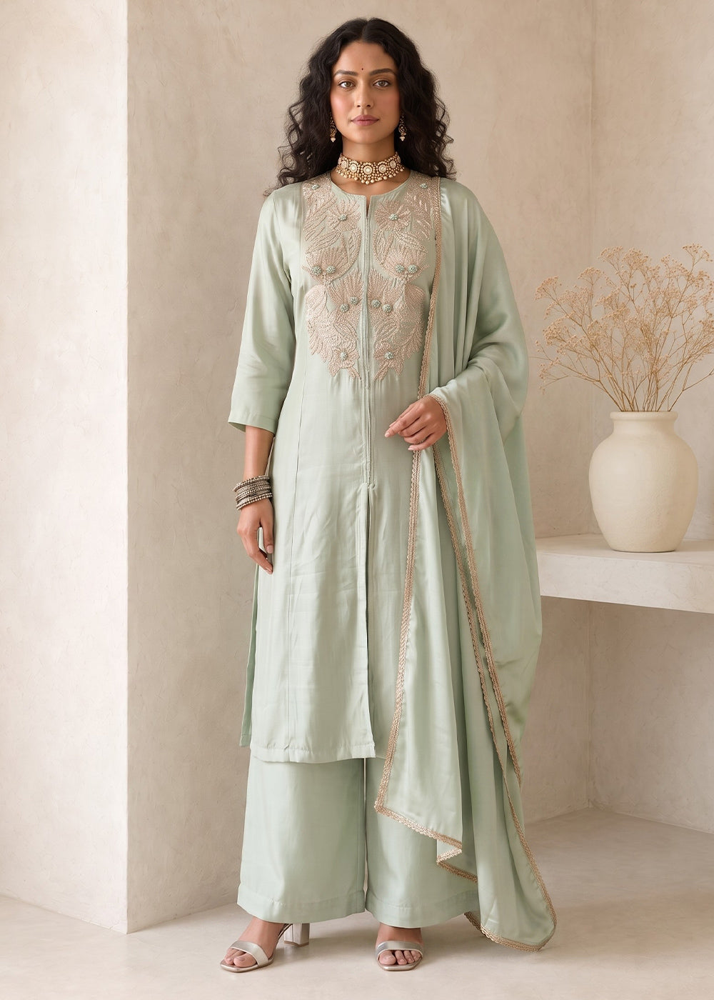 Light Green Silk A-Line Suit with Handcrafted Designer Embroidery