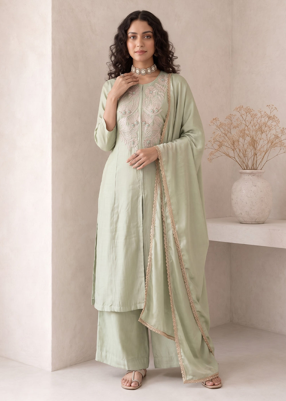 Light Green Silk A-Line Suit with Handcrafted Designer Embroidery