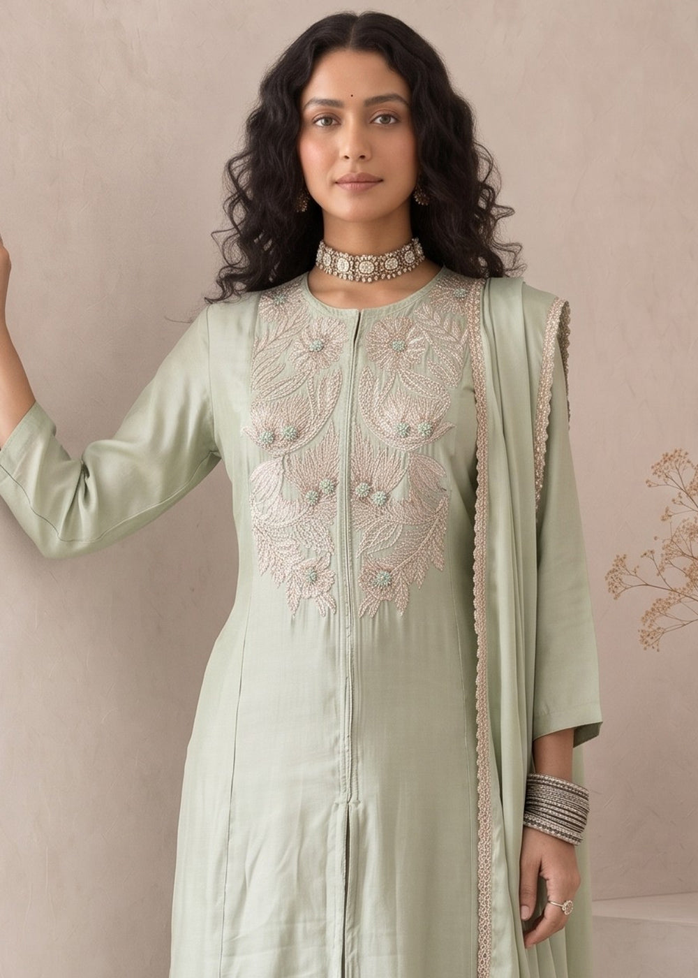 Light Green Silk A-Line Suit with Handcrafted Designer Embroidery