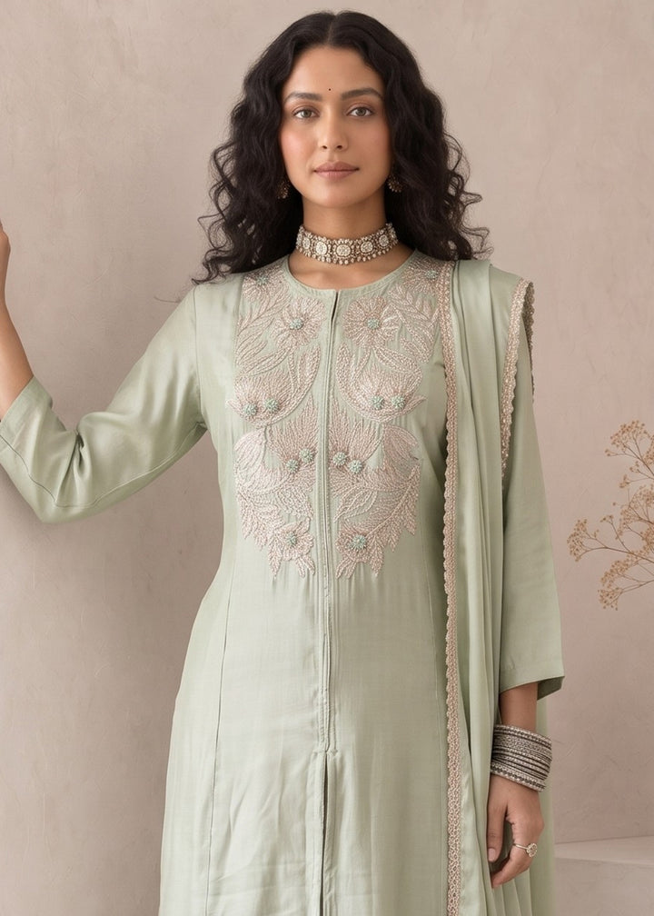 Light Green Silk A-Line Suit with Handcrafted Designer Embroidery