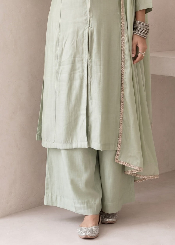 Light Green Silk A-Line Suit with Handcrafted Designer Embroidery