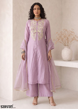 Light Mauve Purple Silk A-Line Suit with Handcrafted Designer Embroidery
