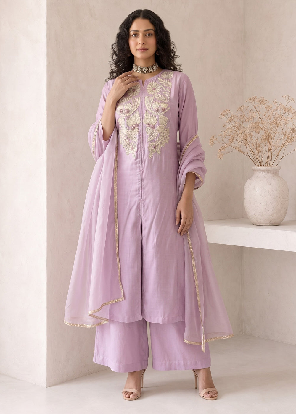 Light Mauve Purple Silk A-Line Suit with Handcrafted Designer Embroidery