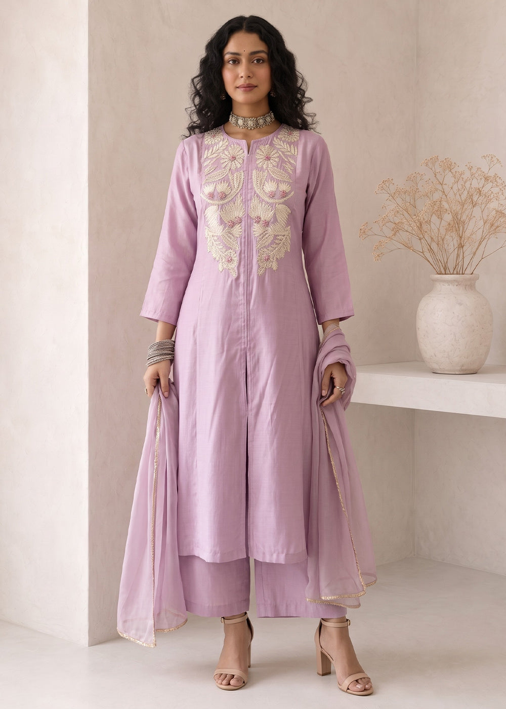 Light Mauve Purple Silk A-Line Suit with Handcrafted Designer Embroidery