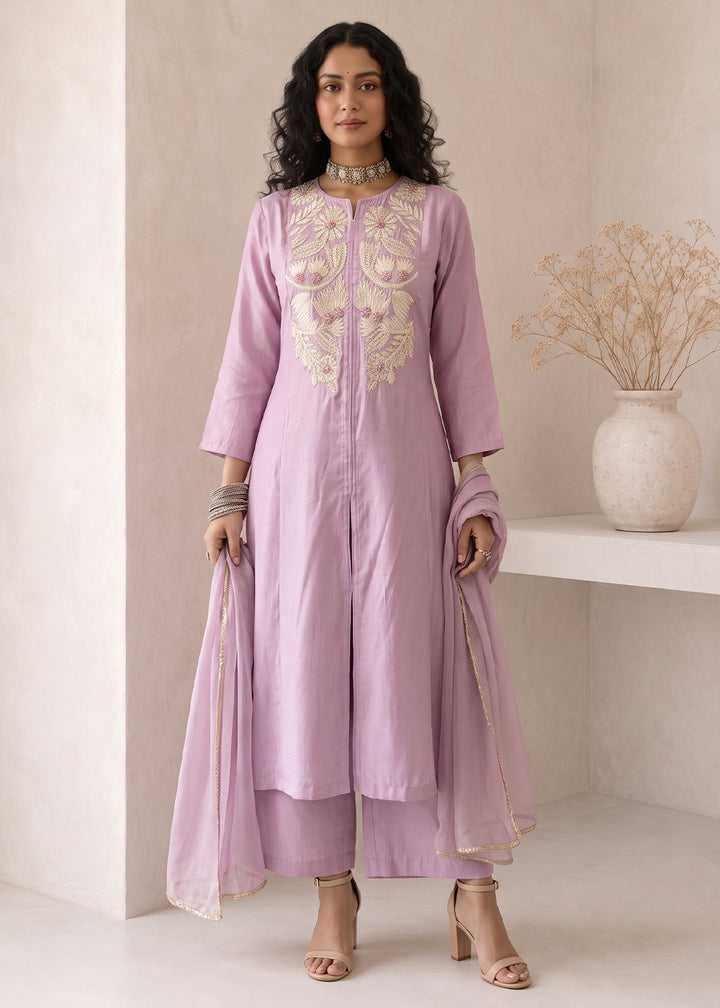 Light Mauve Purple Silk A-Line Suit with Handcrafted Designer Embroidery
