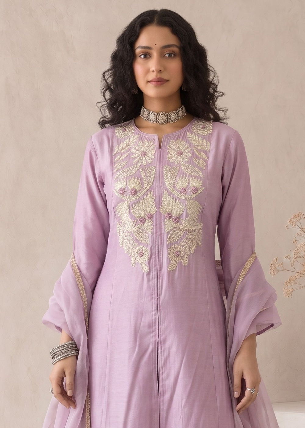 Light Mauve Purple Silk A-Line Suit with Handcrafted Designer Embroidery