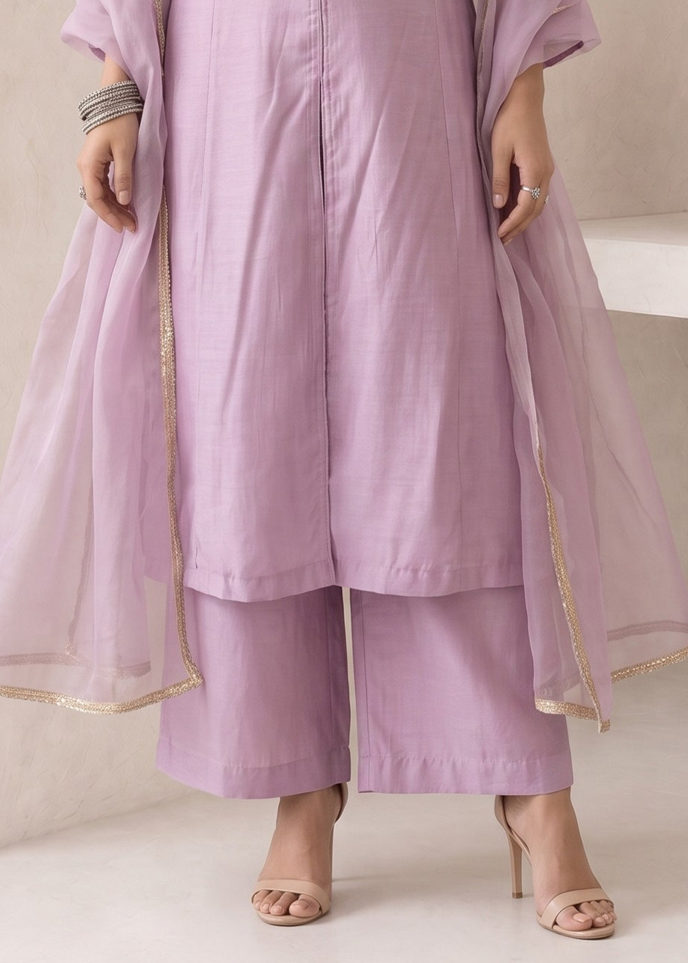 Light Mauve Purple Silk A-Line Suit with Handcrafted Designer Embroidery