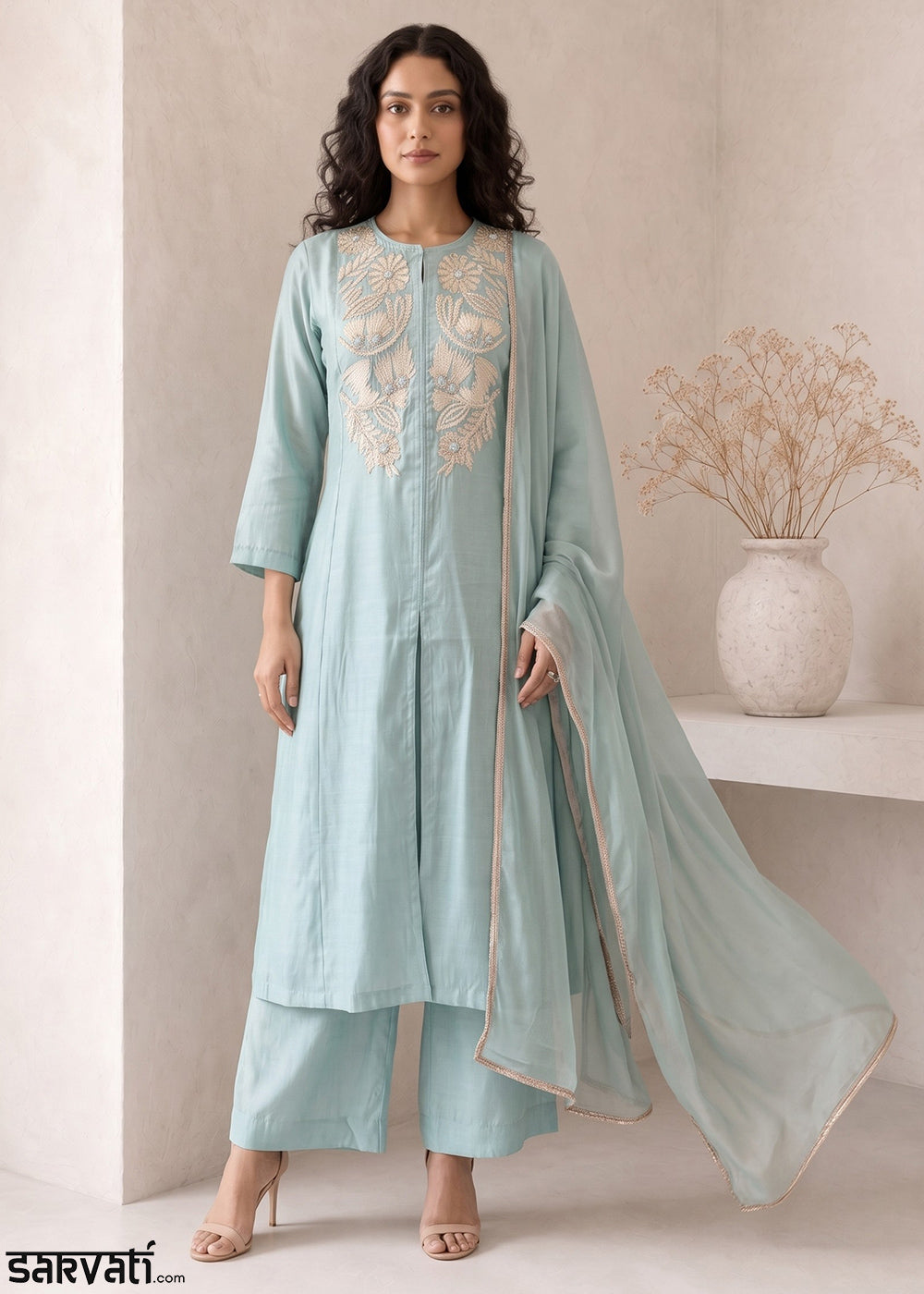 Light Blue Silk A-Line Suit with Handcrafted Designer Embroidery