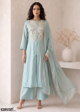 Light Blue Silk A-Line Suit with Handcrafted Designer Embroidery