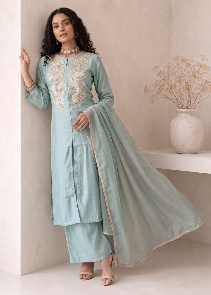 Light Blue Silk A-Line Suit with Handcrafted Designer Embroidery