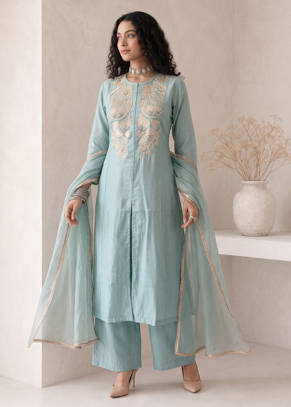 Light Blue Silk A-Line Suit with Handcrafted Designer Embroidery