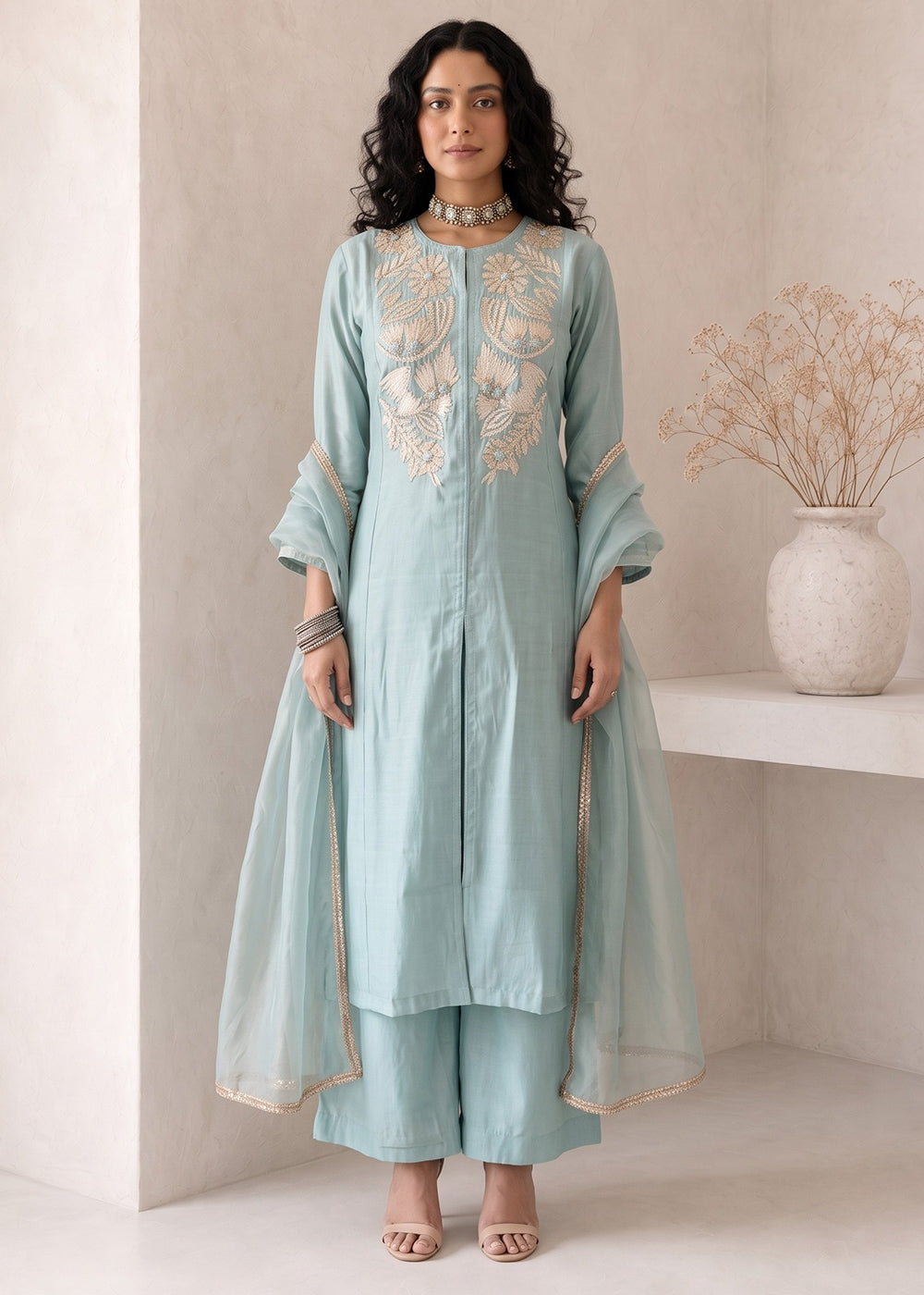 Light Blue Silk A-Line Suit with Handcrafted Designer Embroidery
