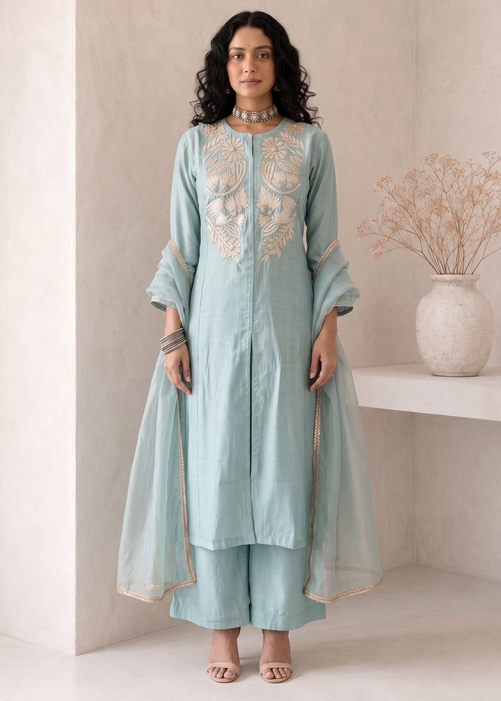 Light Blue Silk A-Line Suit with Handcrafted Designer Embroidery