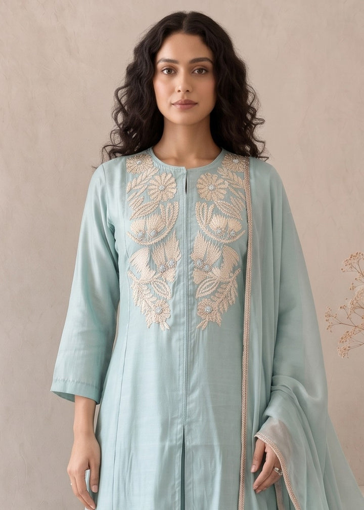 Light Blue Silk A-Line Suit with Handcrafted Designer Embroidery