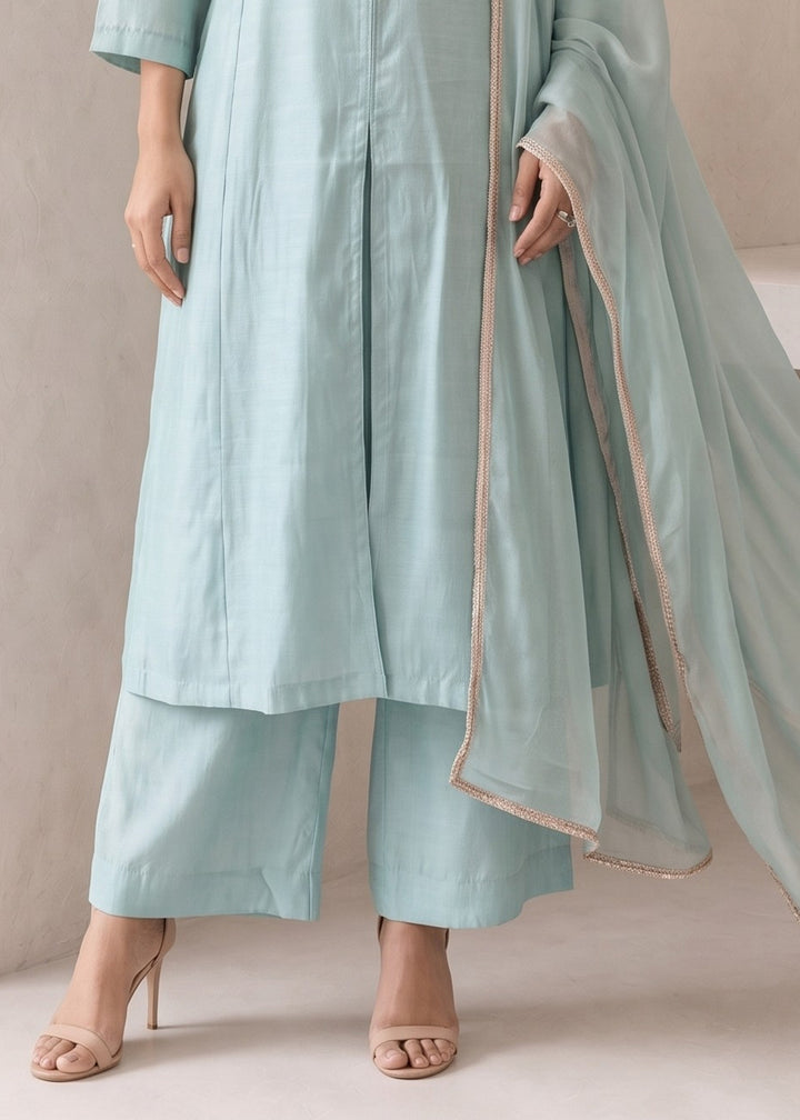 Light Blue Silk A-Line Suit with Handcrafted Designer Embroidery