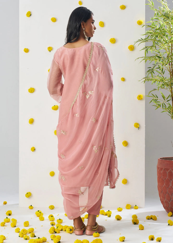 Light Pink Crush Organza Salwar Suit with Floral Embroidery work