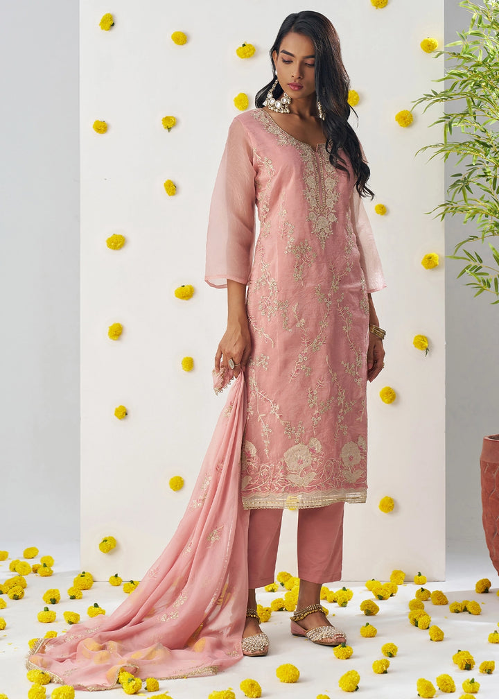Light Pink Crush Organza Salwar Suit with Floral Embroidery work