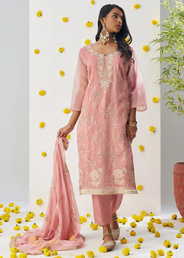 Light Pink Crush Organza Salwar Suit with Floral Embroidery work