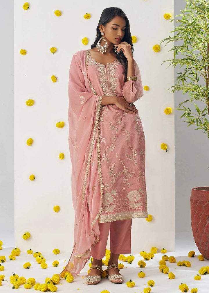 Light Pink Crush Organza Salwar Suit with Floral Embroidery work