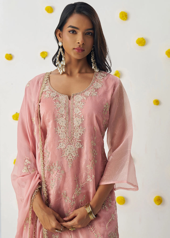 Light Pink Crush Organza Salwar Suit with Floral Embroidery work