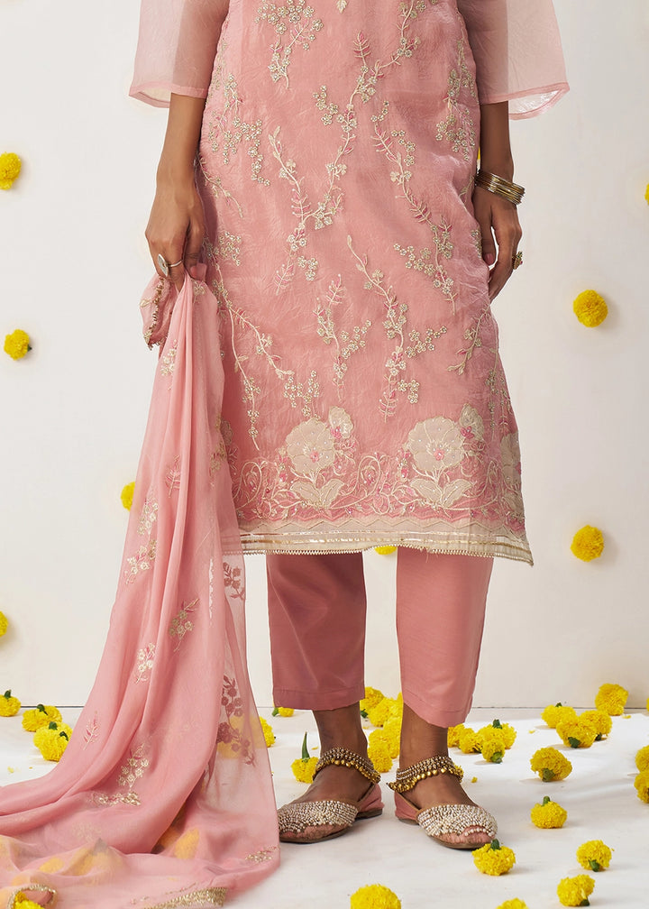 Light Pink Crush Organza Salwar Suit with Floral Embroidery work