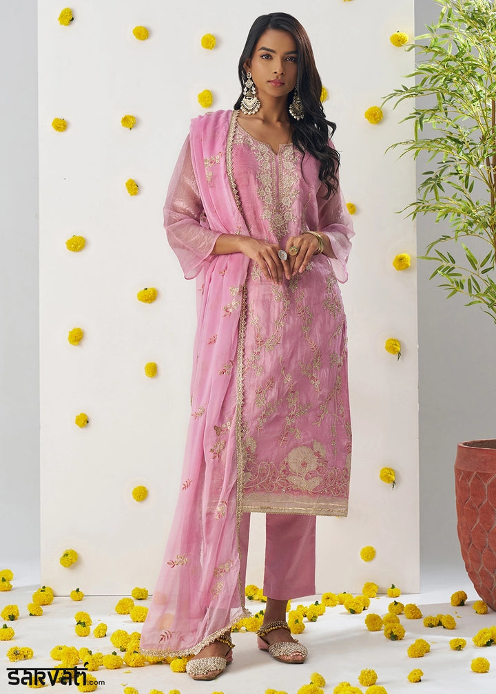 Creamy Pink Crush Organza Salwar Suit with Floral Embroidery work