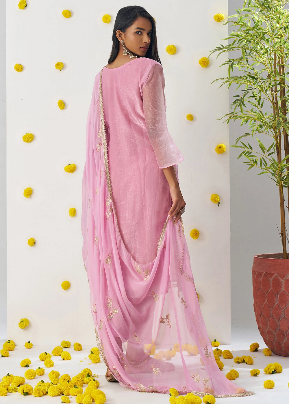 Creamy Pink Crush Organza Salwar Suit with Floral Embroidery work