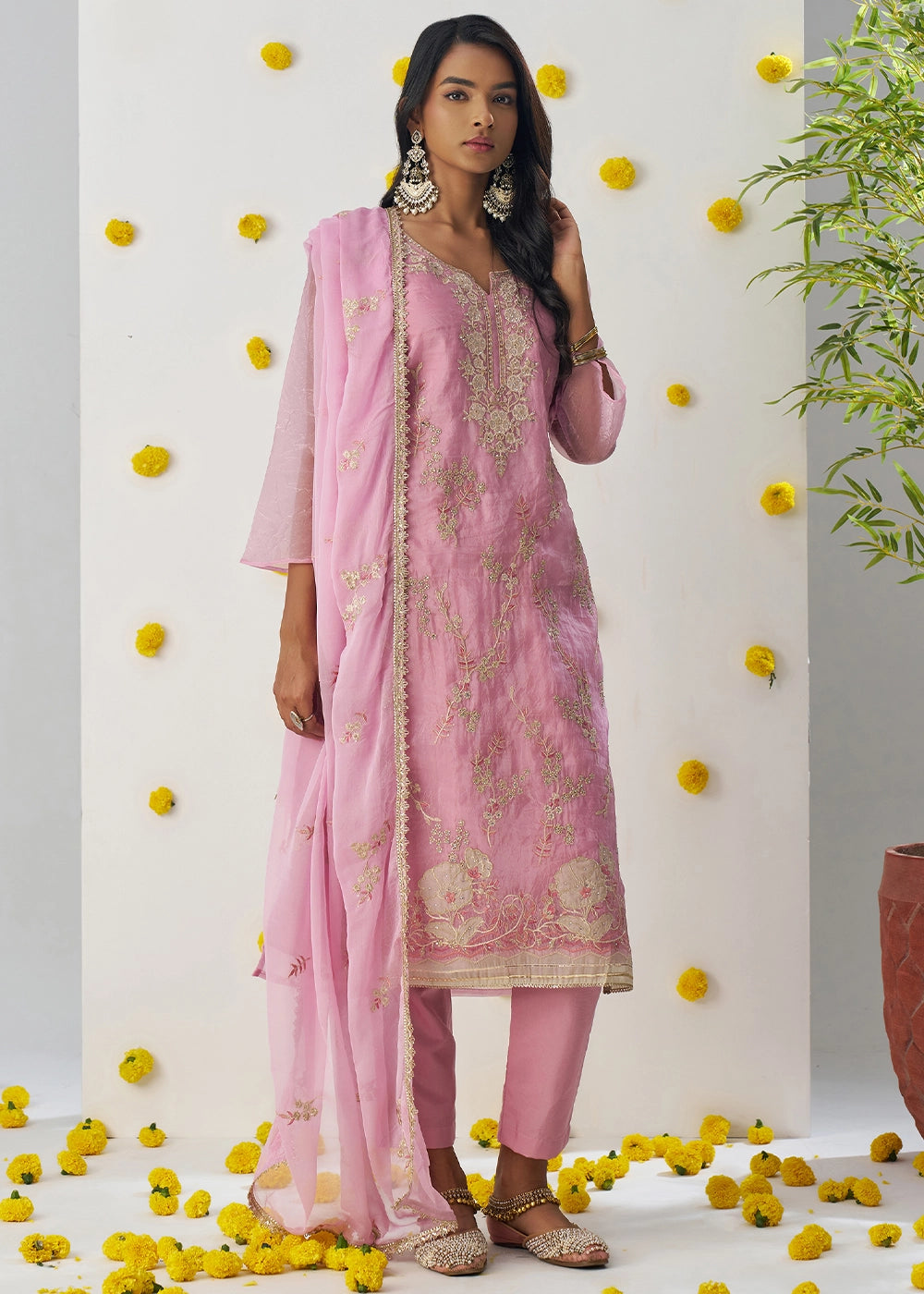 Creamy Pink Crush Organza Salwar Suit with Floral Embroidery work