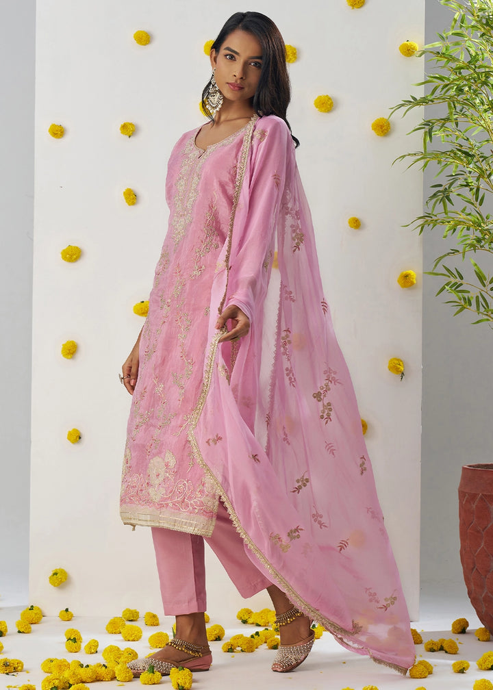 Creamy Pink Crush Organza Salwar Suit with Floral Embroidery work