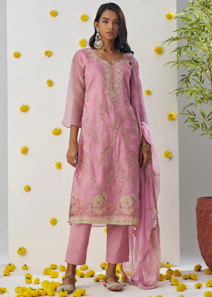Creamy Pink Crush Organza Salwar Suit with Floral Embroidery work