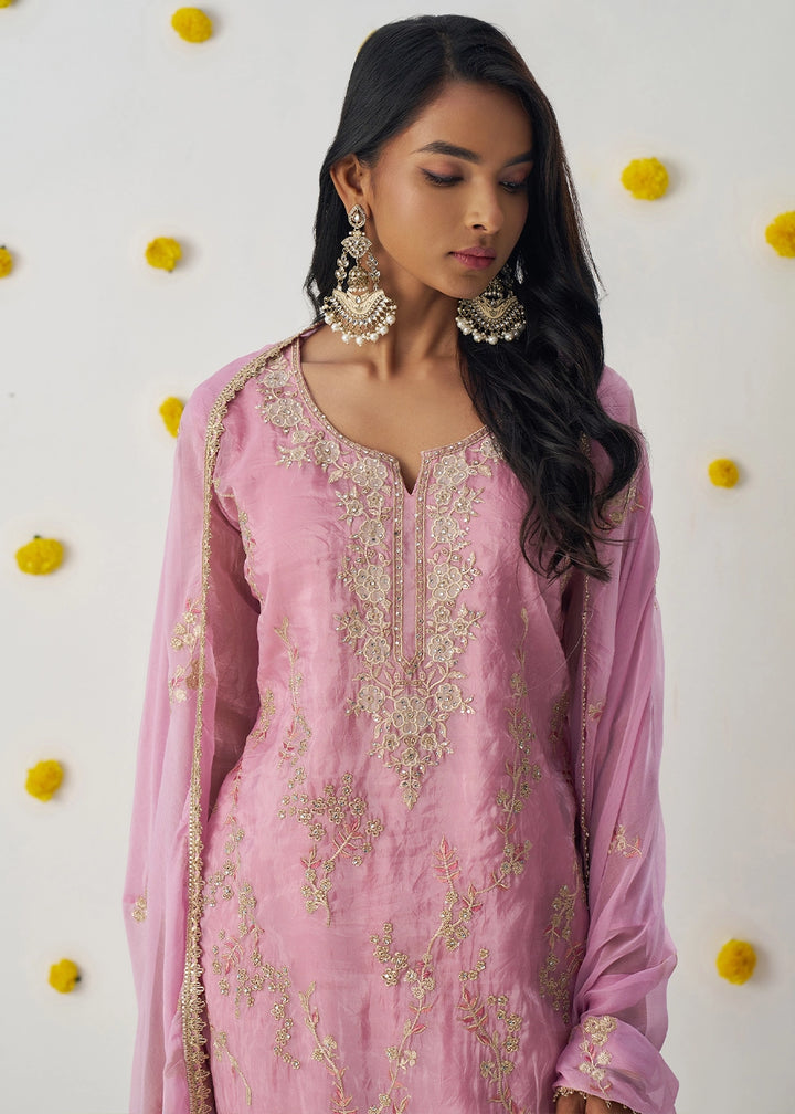 Creamy Pink Crush Organza Salwar Suit with Floral Embroidery work