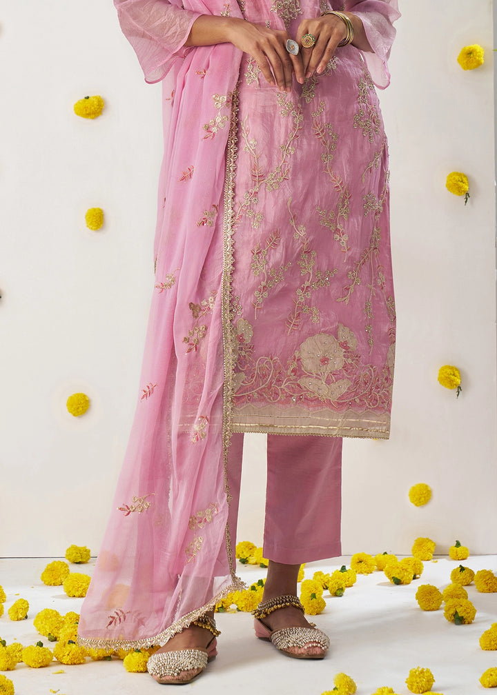 Creamy Pink Crush Organza Salwar Suit with Floral Embroidery work