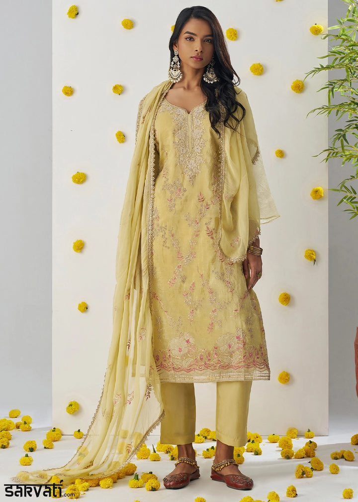 Blonde Yellow Crush Organza Salwar Suit with Floral Embroidery work